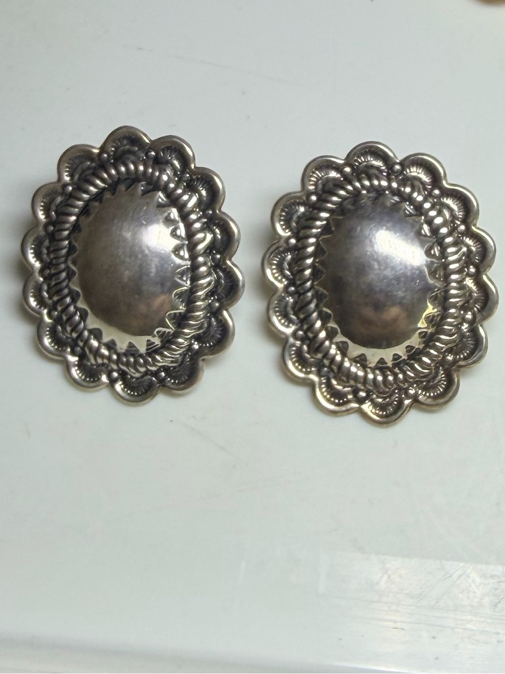 Southwestern Concho Style Signed Sterling Silver Oval Post Earrings 1 1/4”